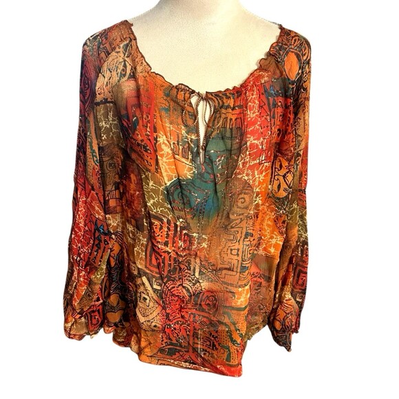 Chico's 100% Silk Sheer Paisley  Boho Brown Tie Neck Dolman Long Sleeves Top 3 - Picture 1 of 8